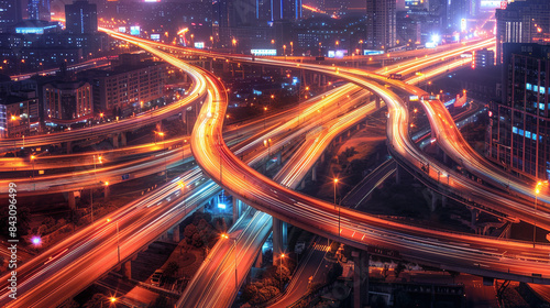 In the city at night  expressways  tollways  and highways form a network of illuminated roads  bustling with activity