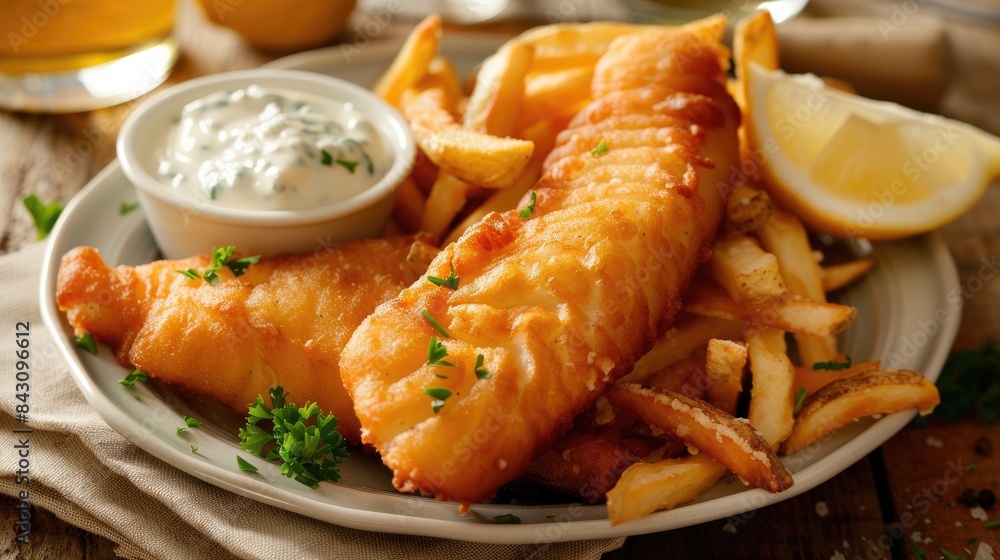 Classic British fish and fries with tartar sauce served on a white dish separated Classic British fish and fries with tartar sauce served on a white dish separated