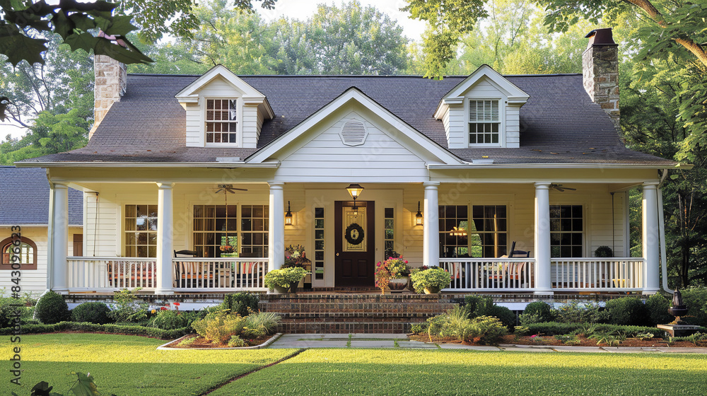 The facade of a traditional one-story home features an inviting porch that spans the front The facade of a traditional one-story home features an inviting porch that spans the front