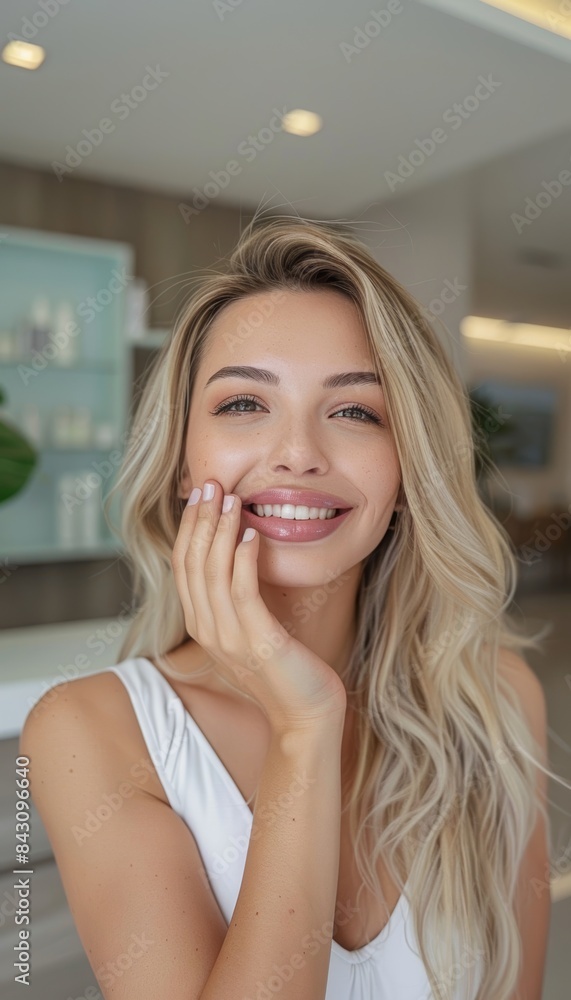 Joyful Woman with New Lips After Filler Treatment in Modern Clinic Interior Joyful Woman with New Lips After Filler Treatment in Modern Clinic Interior