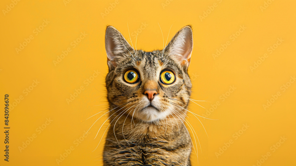 The wide-eyed stare of a curious cat fills the frame, its gaze intense and focused. Set against a plain yellow background The wide-eyed stare of a curious cat fills the frame, its gaze intense and focused. Set against a plain yellow background