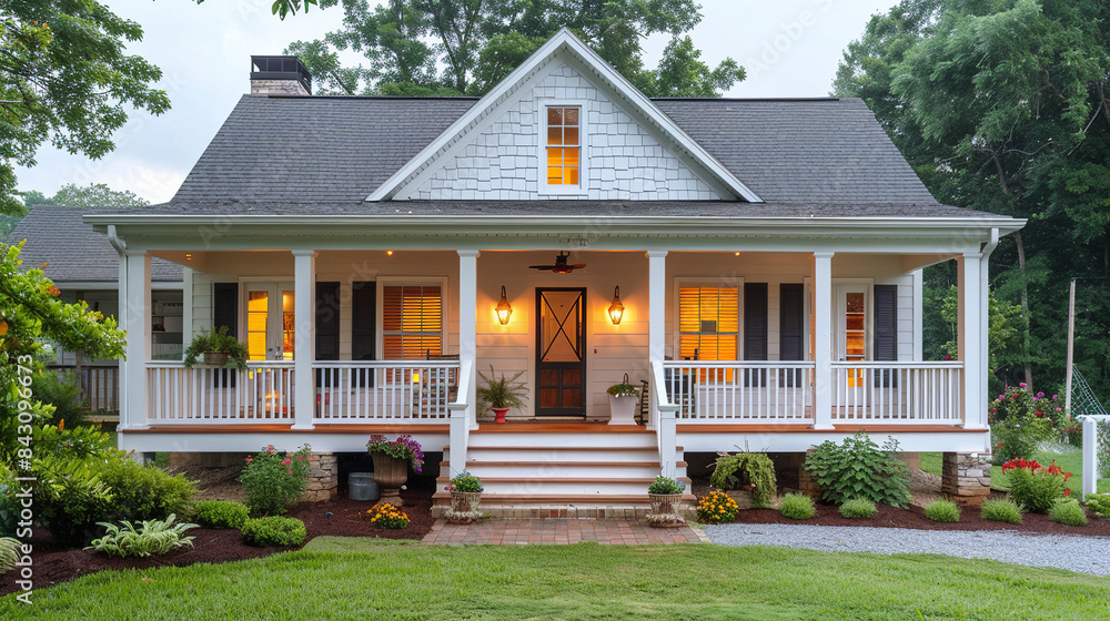 The facade of a traditional one-story home features an inviting porch that spans the front