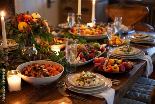 Elegant Paleo Feast Dinner Table with Roasted Vegetables  Grilled Meats  Fresh Fruits  and Candles