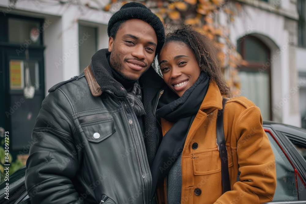 A diverse couple sharing a warm, loving hug on a city street, surrounded by cars and autumn vibes A diverse couple sharing a warm, loving hug on a city street, surrounded by cars and autumn vibes