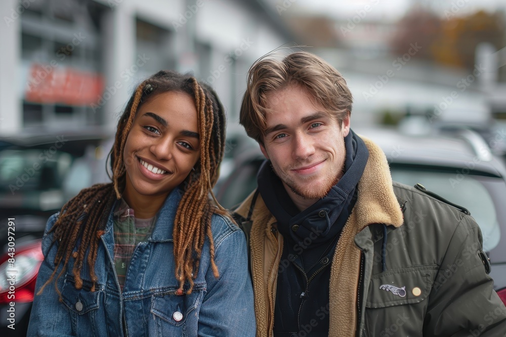 A trendy young couple hugs on the city street surrounded by cars and autumn foliage A trendy young couple hugs on the city street surrounded by cars and autumn foliage