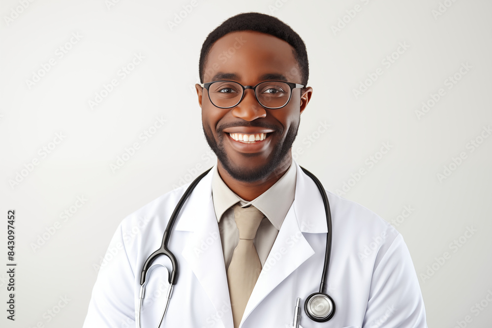 Black smiling doctor on a white background. World of Medicine. Personal care profession. Medical studies. Afro american doctor. Africa. Images for graphic designers. Image for communication. AI. Black smiling doctor on a white background. World of Medicine. Personal care profession. Medical studies. Afro american doctor. Africa. Images for graphic designers. Image for communication. AI.