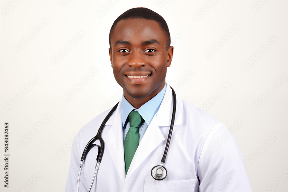 Black smiling doctor on a white background. World of Medicine. Personal care profession. Medical studies. Afro american doctor. Africa. Images for graphic designers. Image for communication. AI. Black smiling doctor on a white background. World of Medicine. Personal care profession. Medical studies. Afro american doctor. Africa. Images for graphic designers. Image for communication. AI.