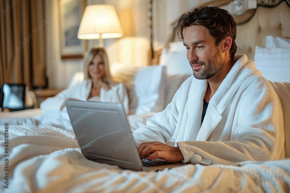 A couple enjoys a cozy morning in a luxurious bedroom setting while staying connected via a laptop A couple enjoys a cozy morning in a luxurious bedroom setting while staying connected via a laptop