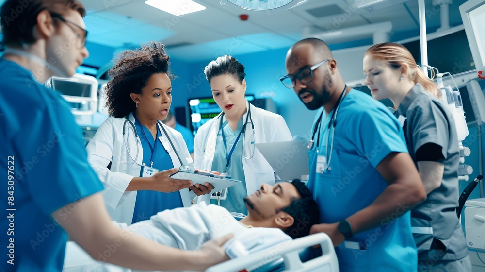 Diverse team of medical professionals attending to a patient in a modern hospital emergency room. Diverse team of medical professionals attending to a patient in a modern hospital emergency room.