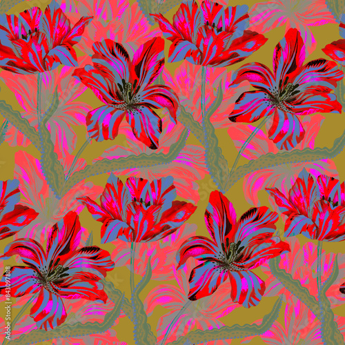 Boho Floral Print Seamless Pattern Repeating in vibrant colors. Tulip flowers rapport © Lorena Viamonte