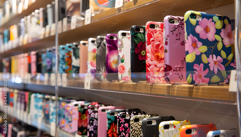 Fototapeta premium Different mobile phone cases on shelves in a multimedia store