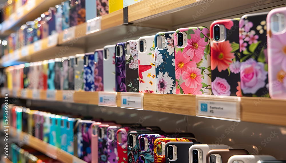 Fototapeta premium Different mobile phone cases on shelves in a multimedia store