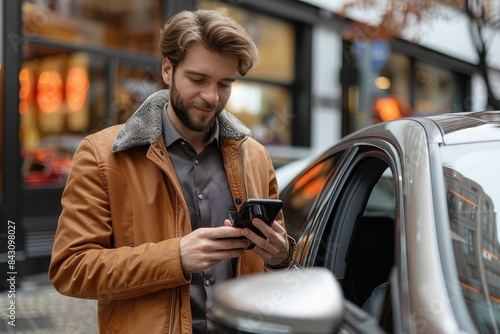 A young, stylish man in a brown jacket using his smartphone next to a parked car on a city street photo