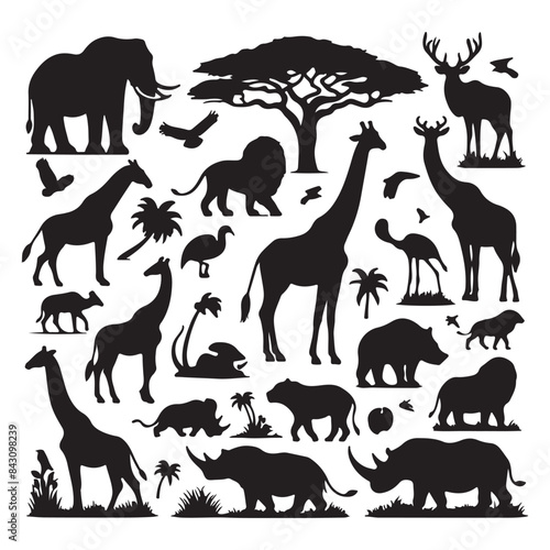 Silhouette Collection of African Wildlife Animals and Trees, Diverse African Wildlife Silhouettes in Natural Habitat