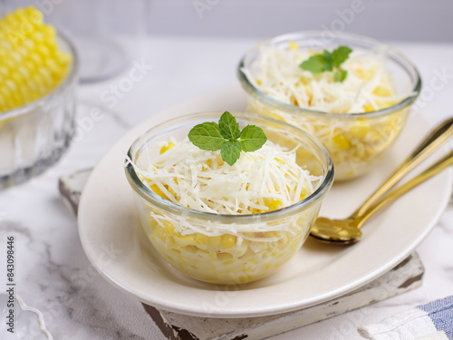 Jasuke (Jagung Susu Keju), Indonesian sweet snack made from steamed sweet corn mixed with milk and grated cheese