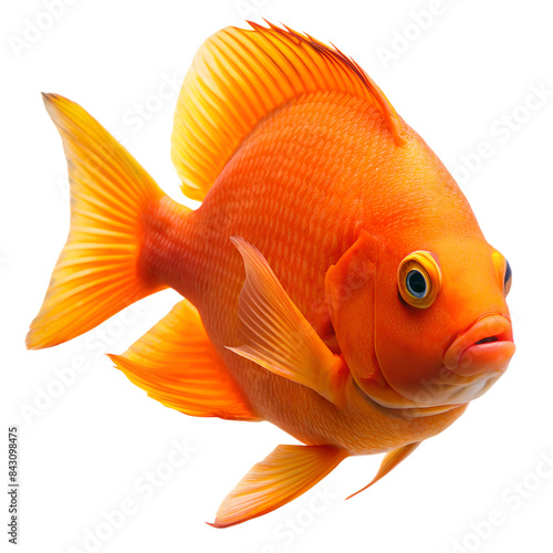 sea garibaldi fish with distinct fins and a prominent eye. It appears to be a goldfish, characterized by its bright coloration and round body shape