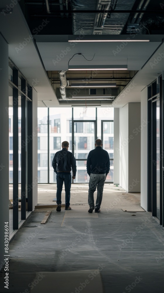 Collaboration in a Modern Workspace: Architect and Construction Manager Planning Project Strategy in Empty Office with Sony A7IV Collaboration in a Modern Workspace: Architect and Construction Manager Planning Project Strategy in Empty Office with Sony A7IV