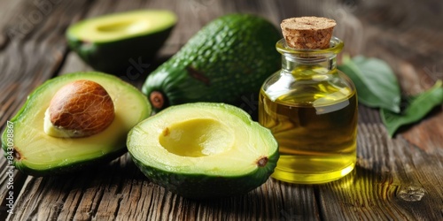 Avocado oil and fresh avocados on wooden table