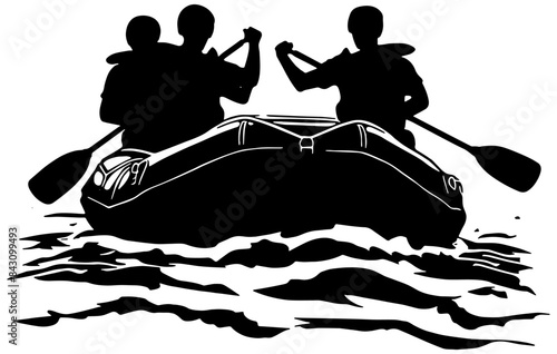 silhouette of people white water river rafting in black, isolated 