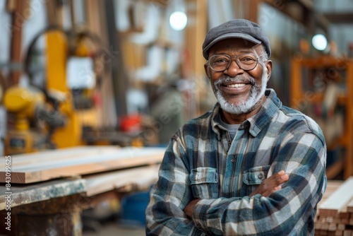 The harmony of traditional and modern techniques in woodworking, Cheerful senior in cap and flannel, with glasses, leaning on workbench, crossed arms, workshop background, machines.