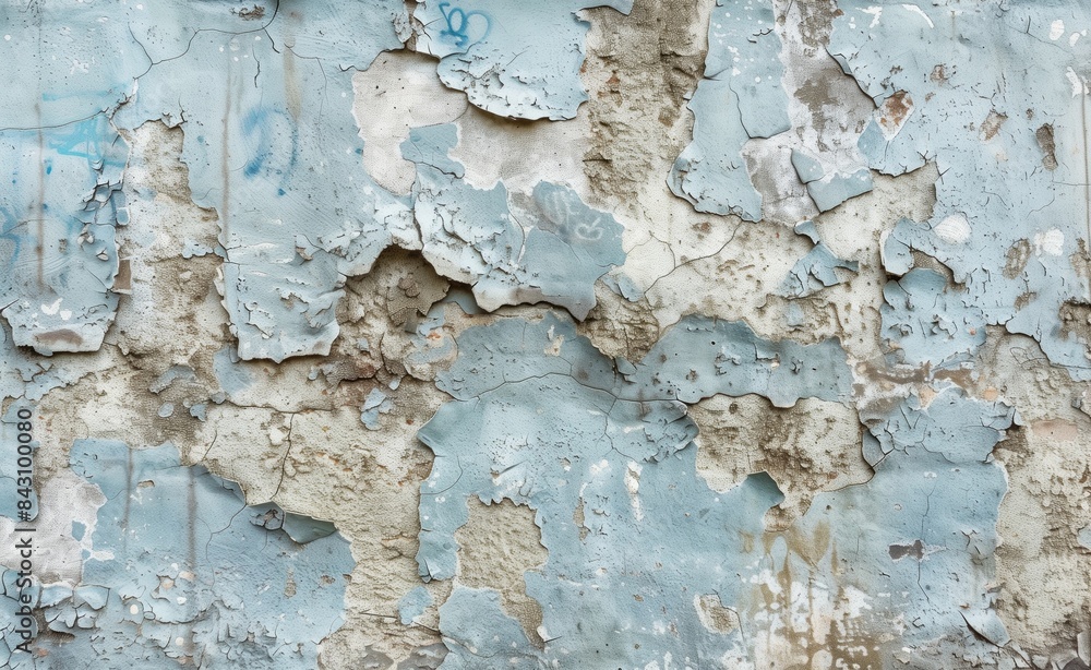 Close-Up of Weathered Wall Texture with Chipped Paint and Faded Graffiti, Soft Pastel Blue Background Enhancing Details Close-Up of Weathered Wall Texture with Chipped Paint and Faded Graffiti, Soft Pastel Blue Background Enhancing Details