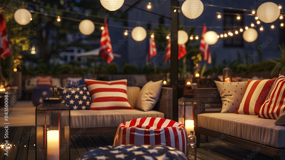 Stylish Fourth of July Party Scene with Elegant Outdoor Decor- American Flag Decorations - High-Resolution Photography - Red White Blue - 4th of July celebration - Seasonal marketing visual 
