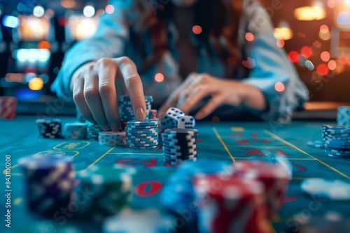 Casino Thrills, Player Rolls Dice on Envelope, Hand Moves Chips Across Table in Tense Moment photo