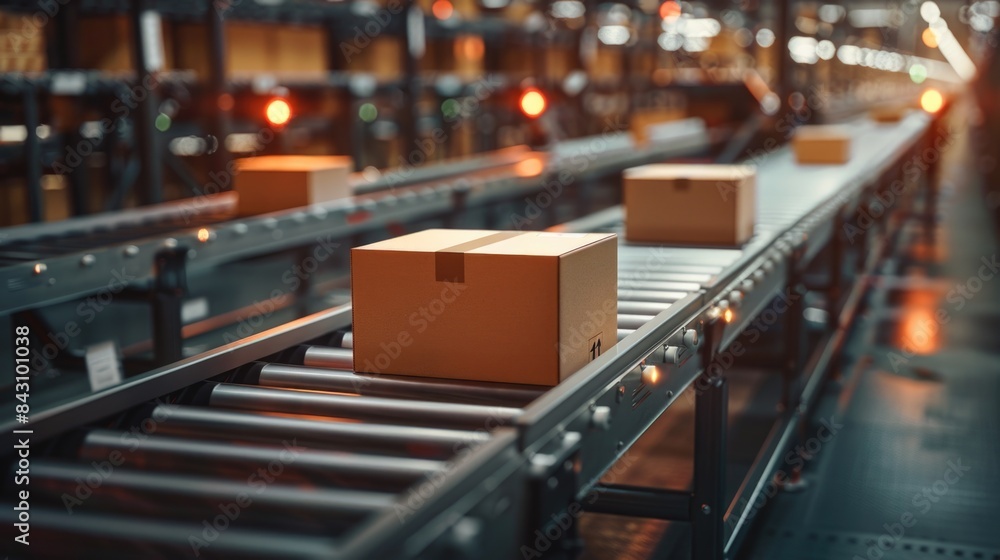 Cardboard boxes moving on conveyor belt in warehouse Cardboard boxes moving on conveyor belt in warehouse