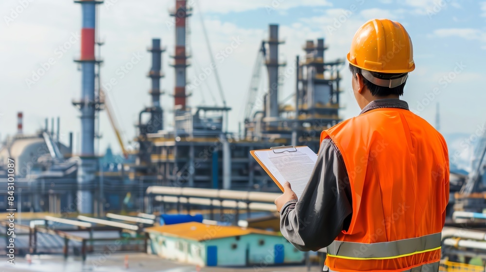 Engineer in safety vest and helmet inspecting industrial factory plant site, overseeing operations for maintenance and efficiency. Engineer in safety vest and helmet inspecting industrial factory plant site, overseeing operations for maintenance and efficiency.