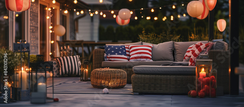 Modern Fourth of July Outdoor Lounge with Patriotic Accents- Red White Blue Theme - 4th of July Event - Commercial Photography Elements - Eye-Catching Banners with Space for Text 
