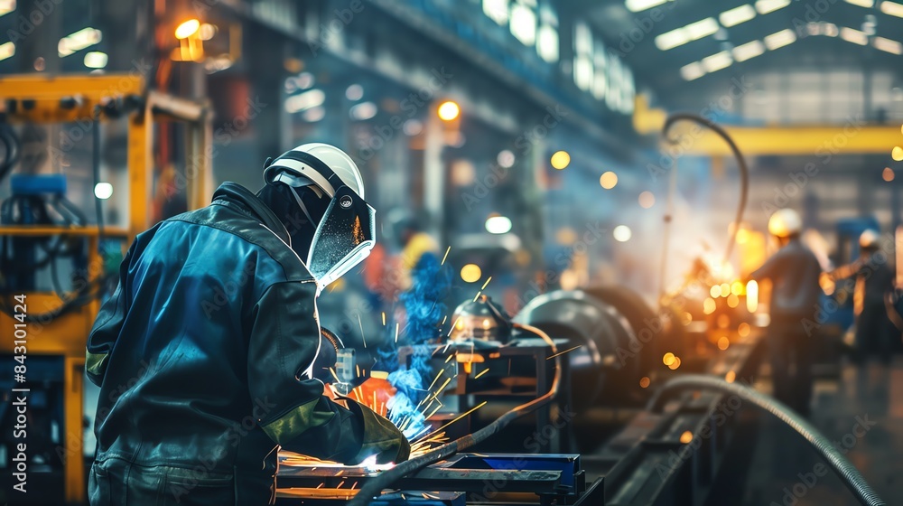 Industrial workshop with workers welding metal structures in a busy high-tech manufacturing environment. Industrial workshop with workers welding metal structures in a busy high-tech manufacturing environment.