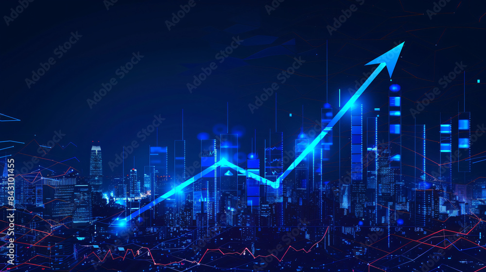 City skyline with digital illustration of an upward trend graph, representing economic growth City skyline with digital illustration of an upward trend graph, representing economic growth