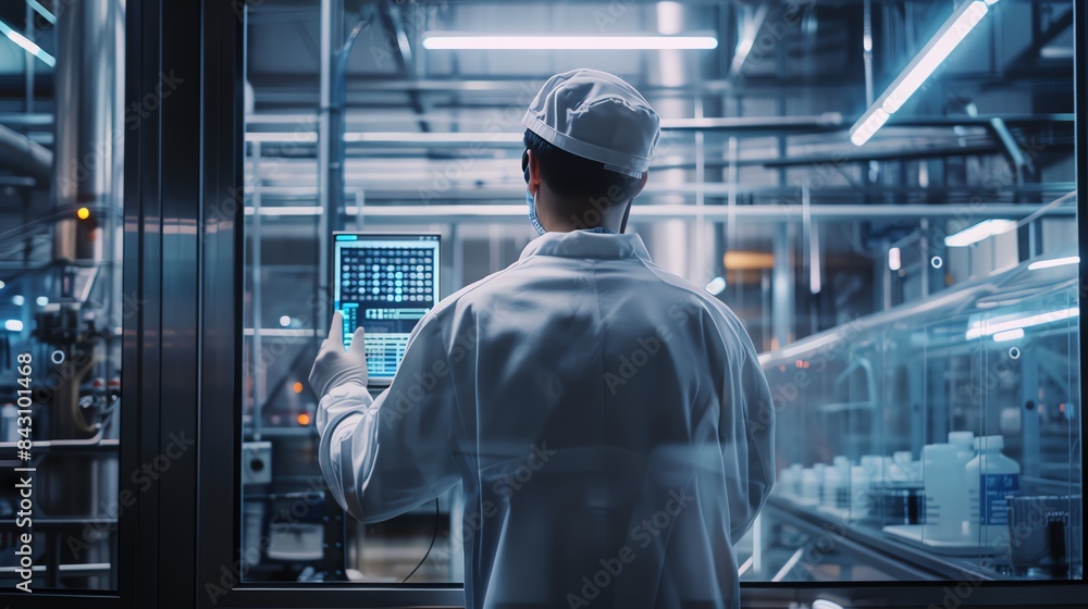 Technician in a factory controlling machinery using a digital tablet in a modern, industrial setting with advanced technology. Technician in a factory controlling machinery using a digital tablet in a modern, industrial setting with advanced technology.