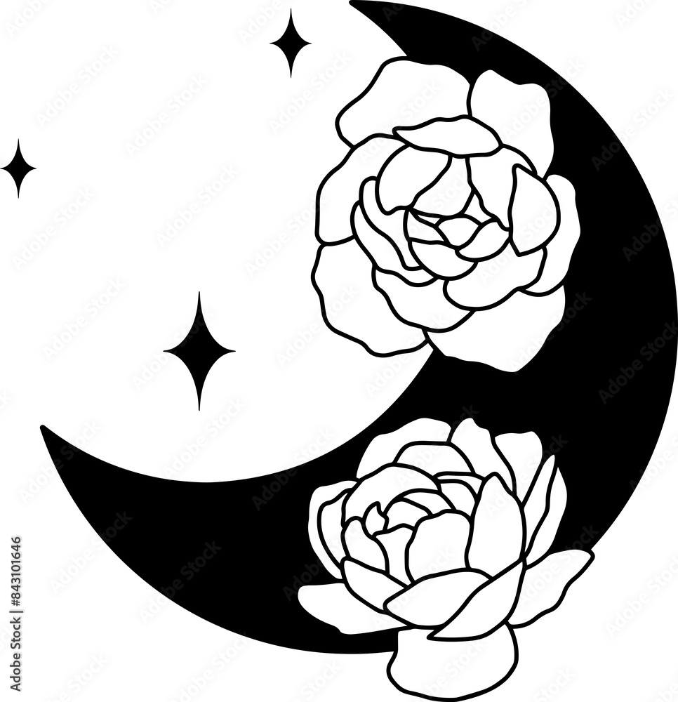 Moon with peonies, line minimalistic boho art Moon with peonies, line minimalistic boho art