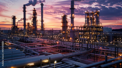 Industrial refinery at dusk with complex piping