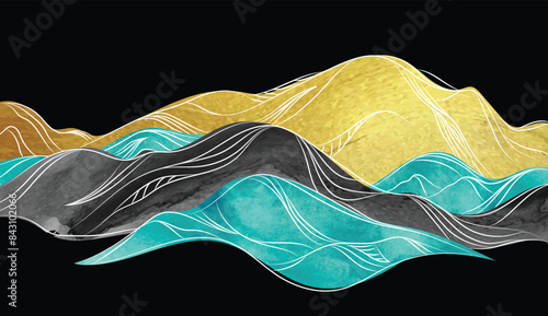 Oriental Japanese style vector abstract illustration, background in Asian traditional style, wavy shapes and mountains terrain, runny like sea lines.