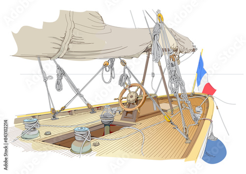 Illustration of deck of ancient French sailboat moored in port. Yacht with steering wheel. Hand-drawn vector drawing. Background with maritime sailing equipment.