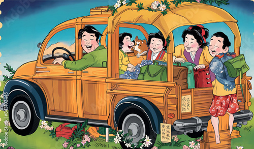 A happy family carrying their belongings in the car and getting ready to go out and spend the summer vacation at the seaside, 