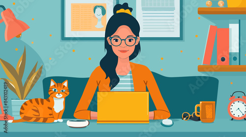Young freelancer woman in eyeglasses works at home with a laptop and a cat, Remote work, Shopping, Education, Working from home concept