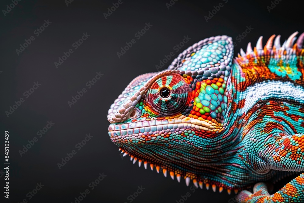 Close-up of Chameleon lizard's intricate skin patterns against a black background - reptile studies - zoology - wildlife art Close-up of Chameleon lizard's intricate skin patterns against a black background - reptile studies - zoology - wildlife art