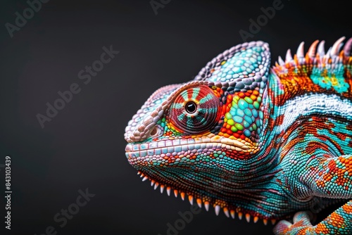 Close-up of Chameleon lizard's intricate skin patterns against a black background - reptile studies - zoology - wildlife art