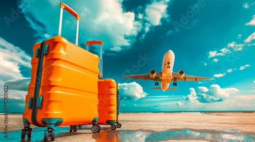 Orange suitcases with airplane in the background. Generative ai.