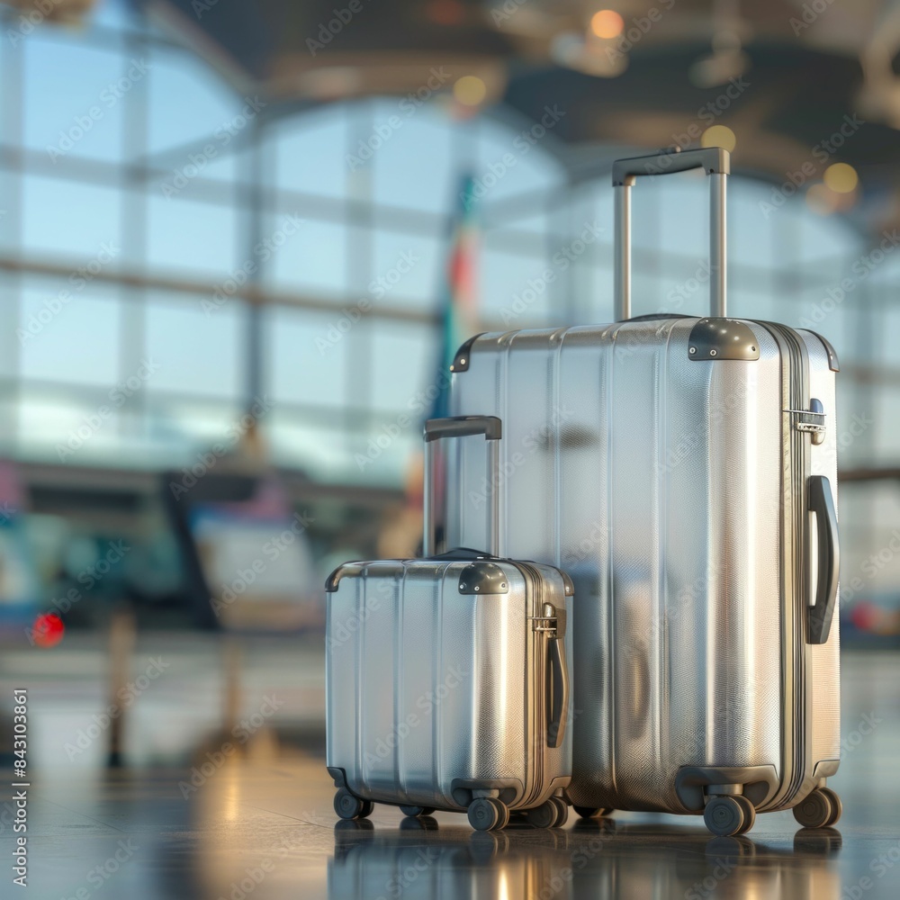 Fototapeta premium Silver Suitcases in Airport with Blurred Aircraft Background. Generative ai.