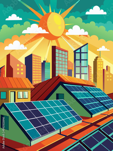 Solar panels on a rooftop absorbing sunlight vector