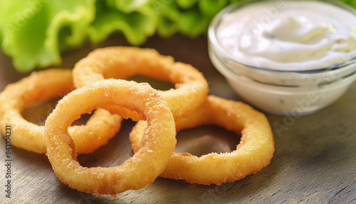 Golden crispy onion rings and bowl of creamy dip sauce, green salad. Delicious meal. Tasty fast food