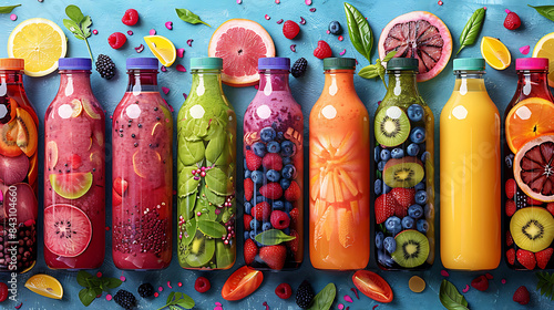 Mockup of coldpressed juice bottles vibrant fruit and vegetable illustrations and healthconscious lifestyle imagery on an isolated minimalistic background photo