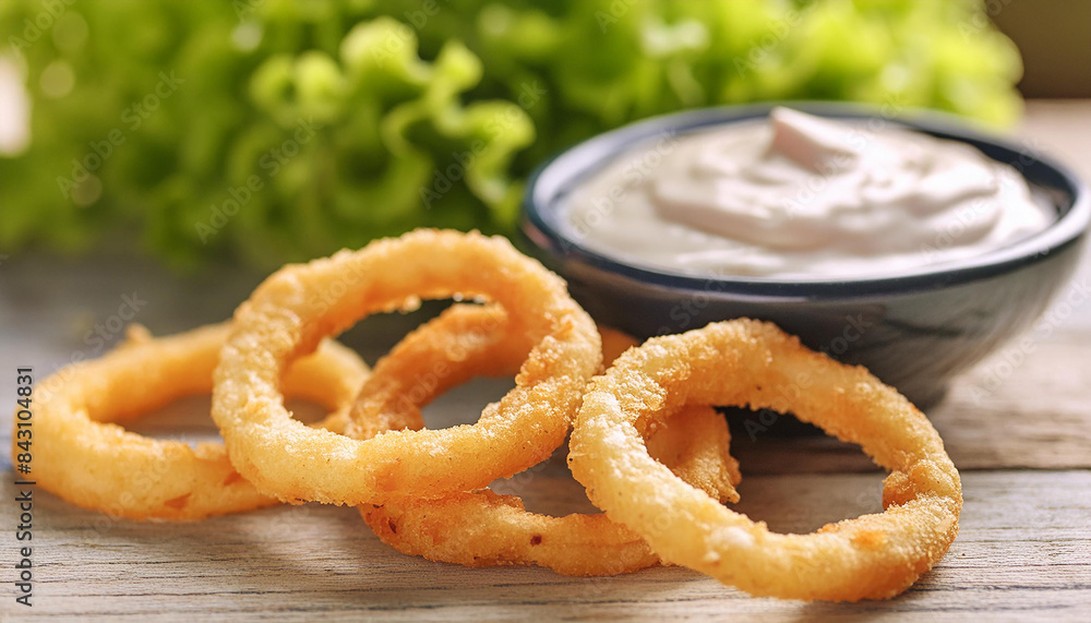 Golden crispy onion rings and bowl of creamy dip sauce, green salad. Delicious meal. Tasty fast food Golden crispy onion rings and bowl of creamy dip sauce, green salad. Delicious meal. Tasty fast food