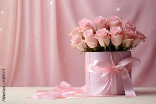 Beautiful bouquet flowers pink roses in vase and gift box with satin bow on pastel pink background table. Birthday, Wedding, Mother's Day, Valentine's day, Women's Day. Front view © Nuna