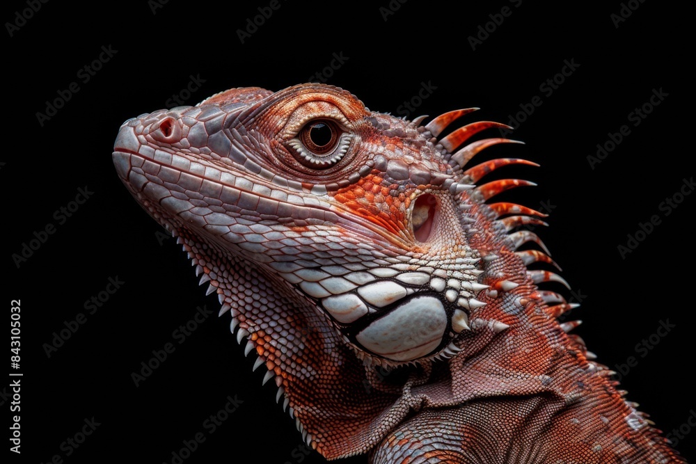 Fototapeta premium Close-up of Chameleon lizard's intricate skin patterns against a black background - reptile studies - zoology - wildlife art