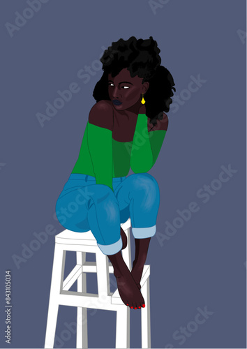 femme noire assise pensive chaise blanc jean et pull top vert cheveux afro violet